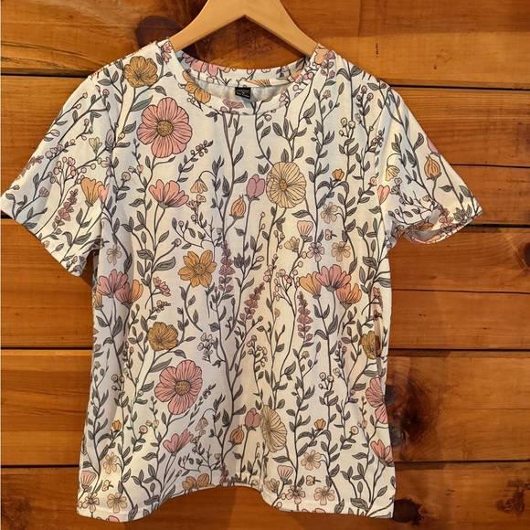 SHEIN Botanical Print Short Sleeve Tee - Pink, Yellow, Cream - Picture 1 of 3